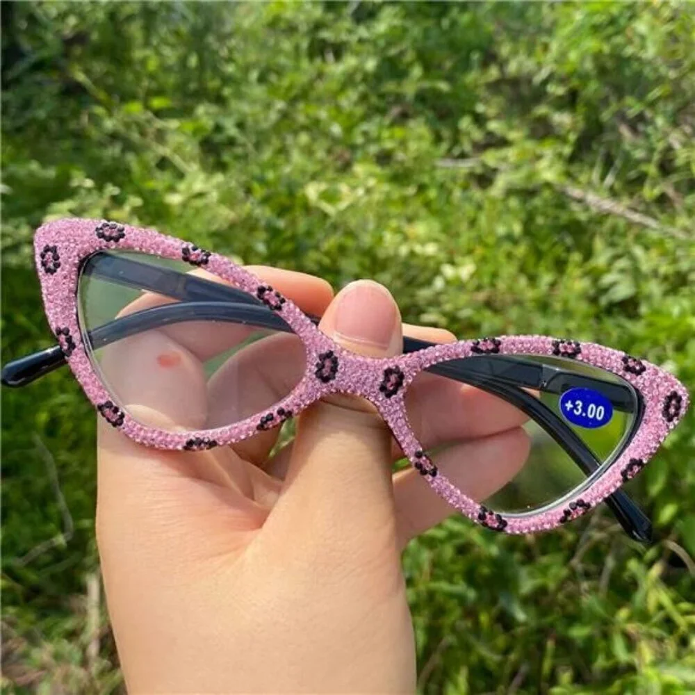 Glam Pink Rhinestone Cat-Eye Glasses – Sparkly Vintage Statement Frames X2.5 Mag